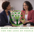 Two women sitting on a couch with a green tree logo and 'Seldon Advisory Services, LLC' text.