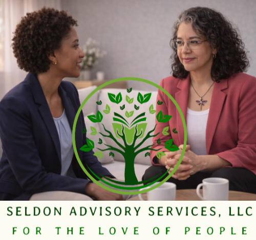 Two women sitting on a couch with a green tree logo and 'Seldon Advisory Services, LLC' text.