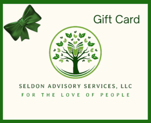 Gift card with Seldon Advisory Services, LLC logo and green ribbon on a white background