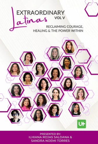 Cover of 'Extraordinary Latinas Vol V' with multiple hexagonal frames featuring women's faces on a white background.